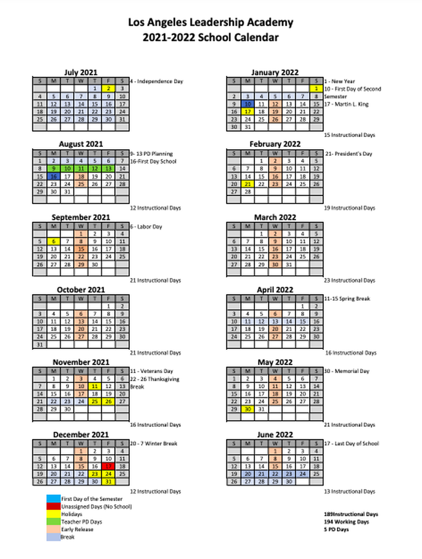 Spring Break 2022 Calendar 2021-2022 Academic Calendar - Los Angeles Leadership Academy